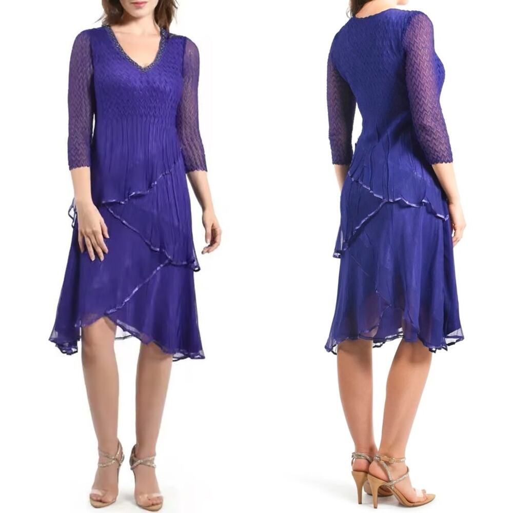 Komorav Tiered Chiffon Scrunch Textured‎ Fairy Cocktail Dress Dark Purple Size S